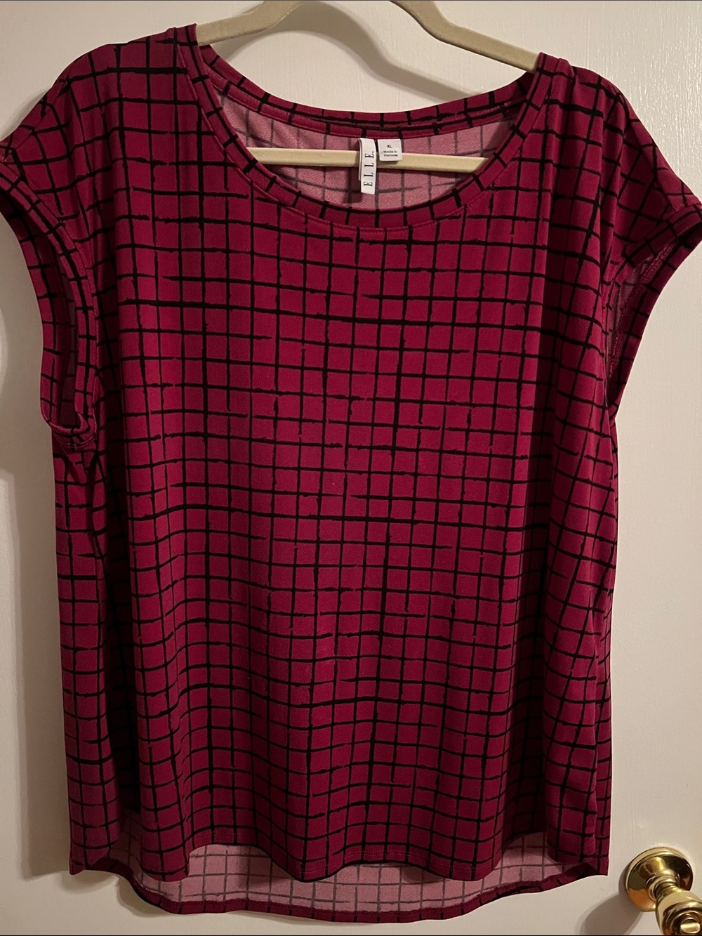 Elle Deep Pink Grid Cap Sleeve Blouse